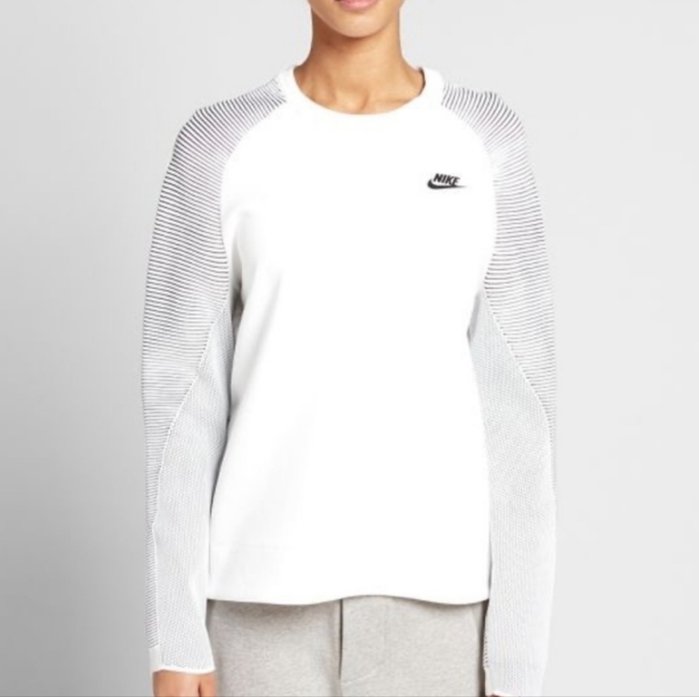 Nike Tech Knit Ribbed Sleeve Crewneck Pullover White Black Zip Hem Sweatshirt​